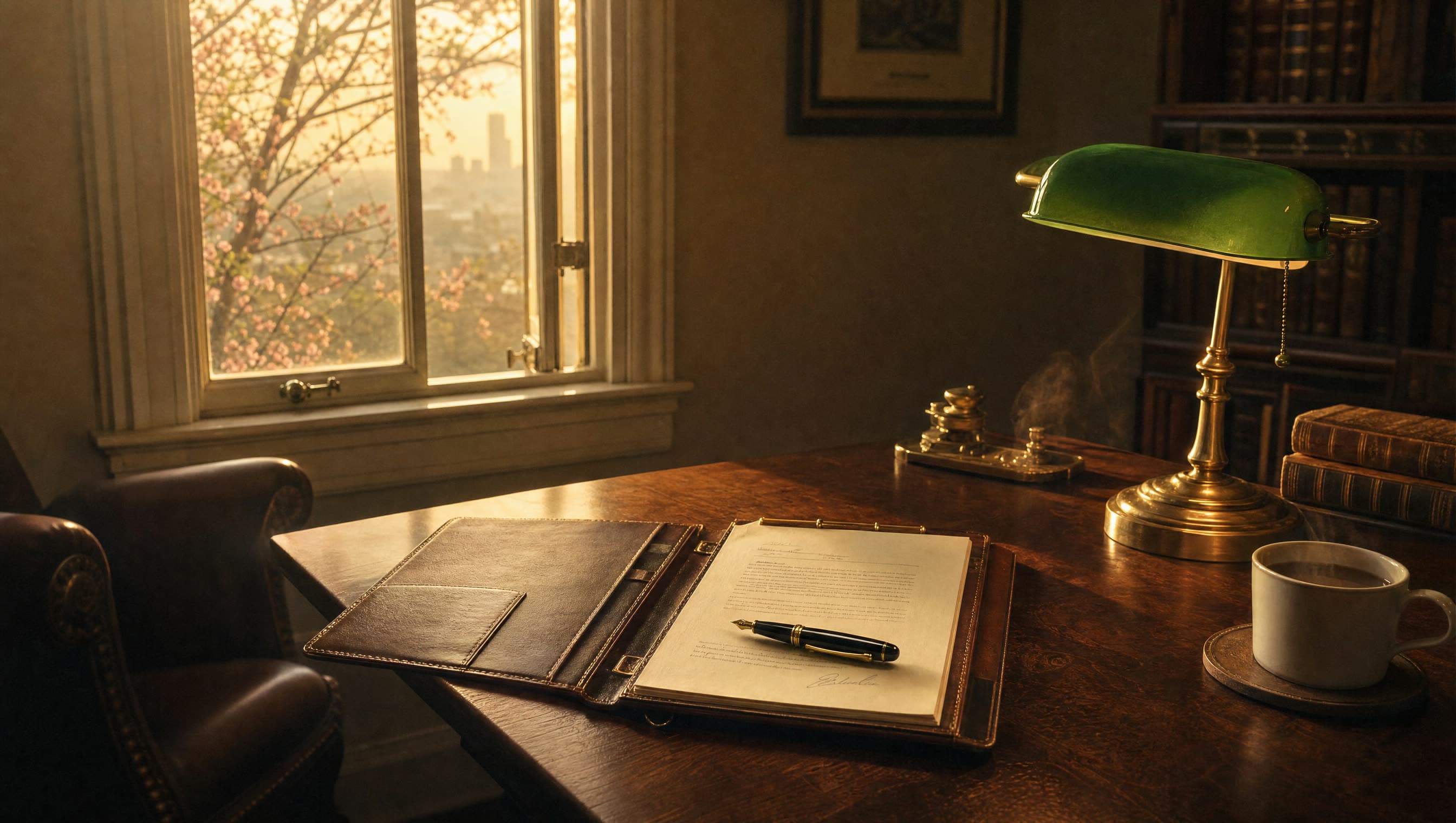 A Georgia closing attorney's desk at golden hour — Montblanc pen on a signed warranty deed, brass lamp lit, peach branch outside the window.